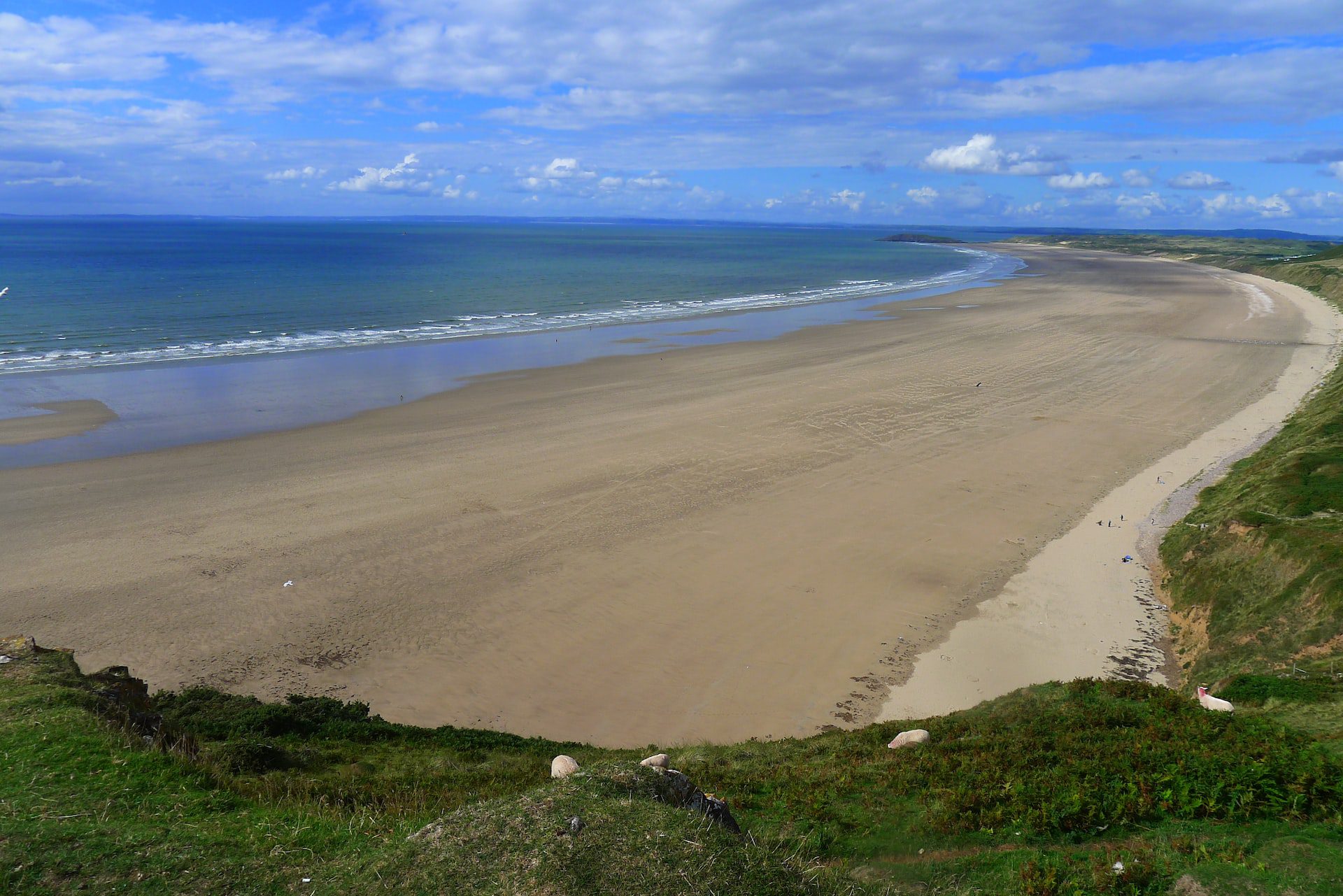 View of the sandy beach at Llangennith beach, which is good for surfing